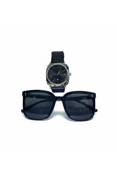 Tomi Urban Edge T085 Analog Watch with Sunglasses Gift Set for Men – Black Leather Strap, Gold Case, Premium Combo Box
