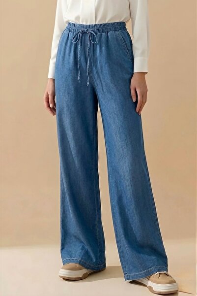 İmajButik Μπλε τζιν παντελόνι παλάτσο με ελαστική μέση