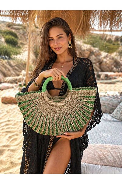 MARBERRY Πράσινη Χειροποίητη Ψάθινη Γυναικεία Τσάντα – 40x25 εκ.