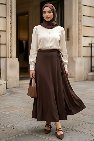 İmajButik Καφέ φούστα με λεπτομέρεια δεσίματος στο πλάι