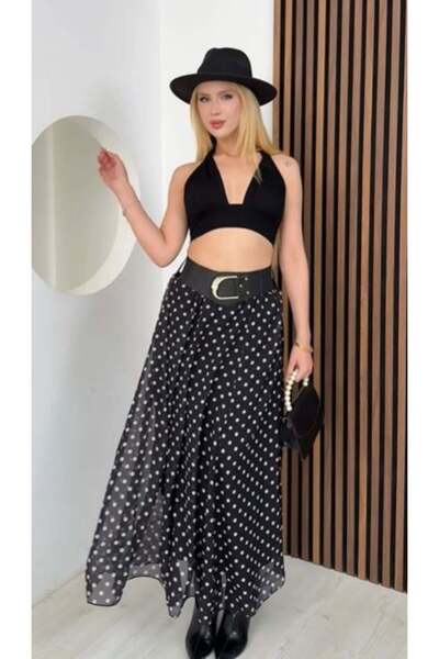 VESS MODA Φούστα σιφόν πουά με λεπτομέρεια στη ζώνη