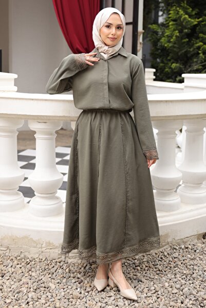 İmajButik Χακί Κοστούμι με Κουμπιά, Δαντελωτό Πουκάμισο και Φούστα