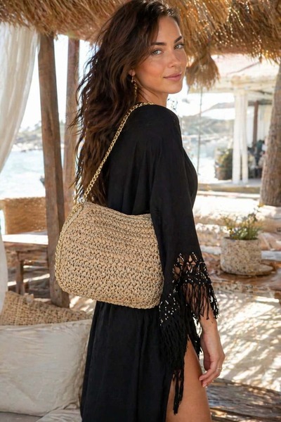 MARBERRY Γυναικεία τσάντα από ψάθα με λουράκι αλυσίδας, πλεκτή στο χέρι, σε χ...