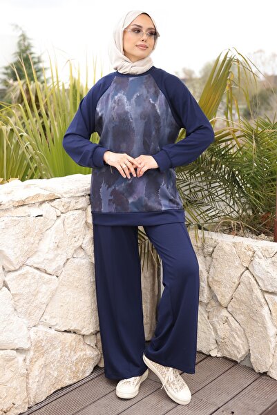 İmajButik Σετ μοντάλ σε μπλε ναυτικό χρώμα με μπροστινό μοτίβο μπατίκ, μανίκι...