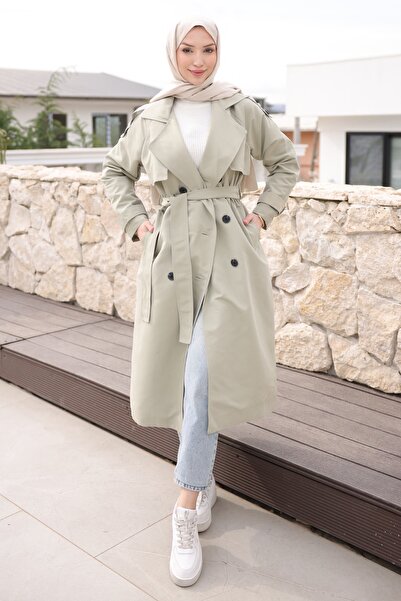 İmajButik Πράσινη καμπαρντίνα με διπλό στήθος και γιακά με επένδυση σε χρώμα ...