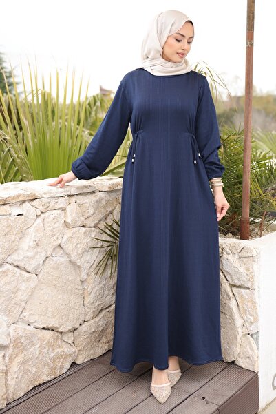 İmajButik فستان أزرق فاتح بفتحة رقبة دائرية وأكمام مطاطية عند الخصر