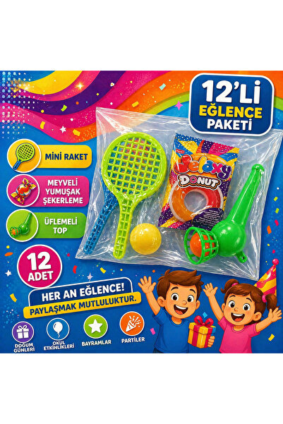 KAR TANESİ 12’li Mini Raket + Üflemeli Top + Meyveli Yumuşak Şekerleme Seti |...