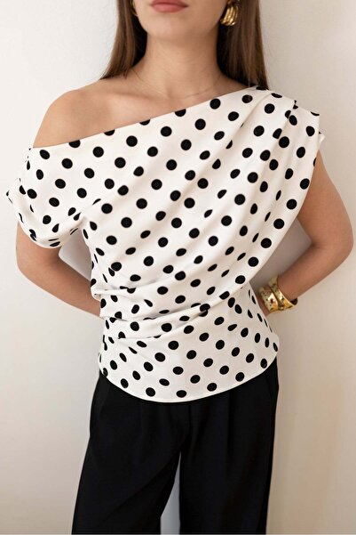 manana fashion Μπλούζα με λαιμόκοψη καγιάκ και πουά, ειδικού σχεδιασμού-7788