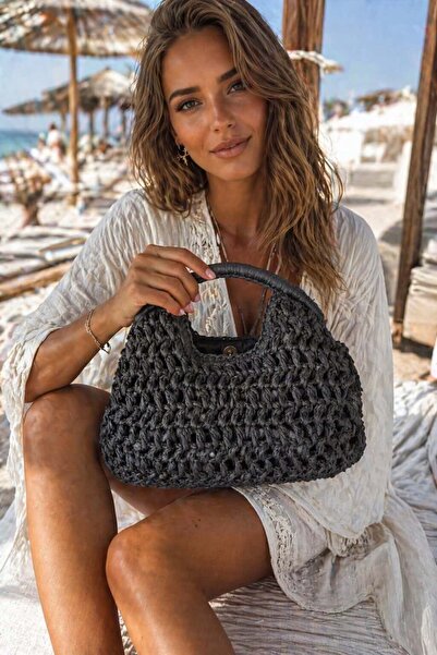 MARBERRY Μαύρη Χειροποίητη Ψάθινη Γυναικεία Τσάντα – 30x20 εκ.