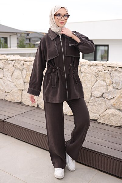 İmajButik Καφέ Σετ Μπουφάν και Παντελόνι με Ελαστική Μέση και Φερμουάρ