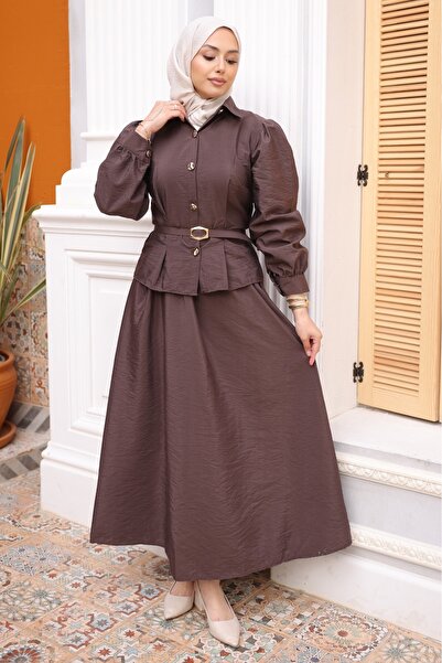 İmajButik Brown Belted Buttoned Shirt and Skirt Set