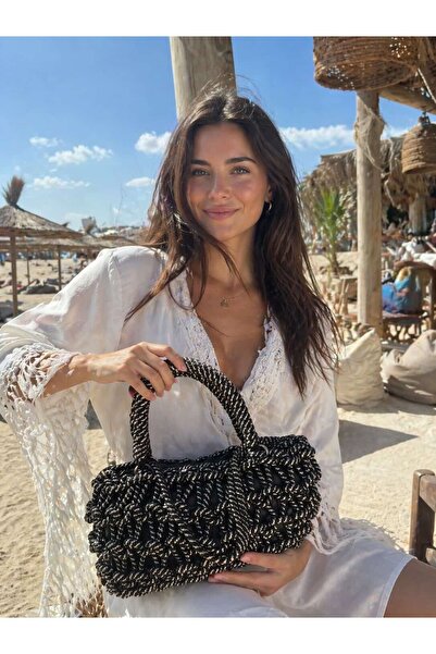 MARBERRY Μαύρη Χειροποίητη Ψάθινη Γυναικεία Τσάντα – 30x20 εκ.