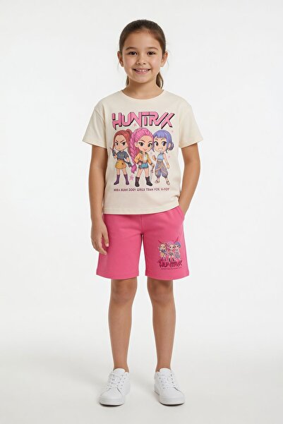 Cansın Mini Fuchsia Girls' Themed Shorts and T-Shirt 2-Piece Set 23965