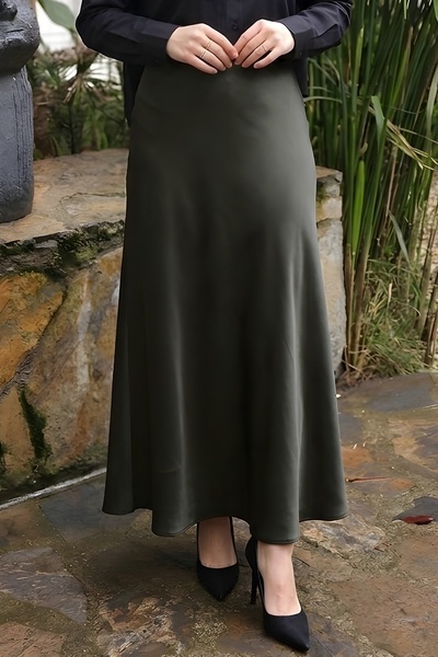 İmajButik Khaki Long Satin Skirt
