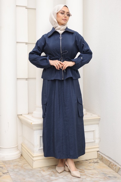 İmajButik Navy Blue Zippered Jacket, Cargo Pocket Skirt Set