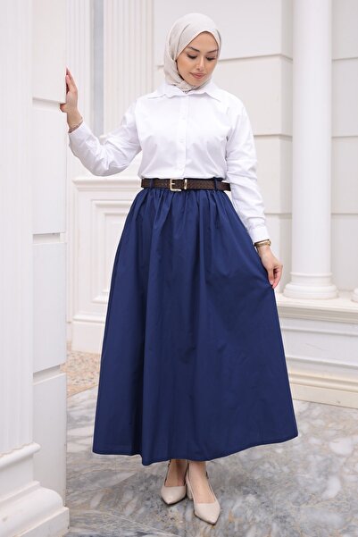 İmajButik Μπλε ναυτικό φούστα πολυν με ζώνη και τσέπες