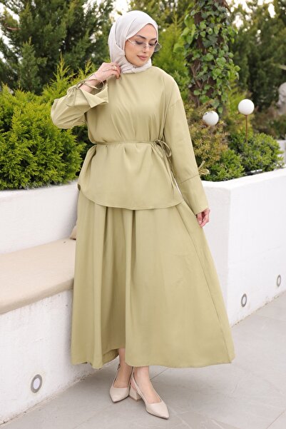 İmajButik Oil Green Lace Detailed Skirt Suit