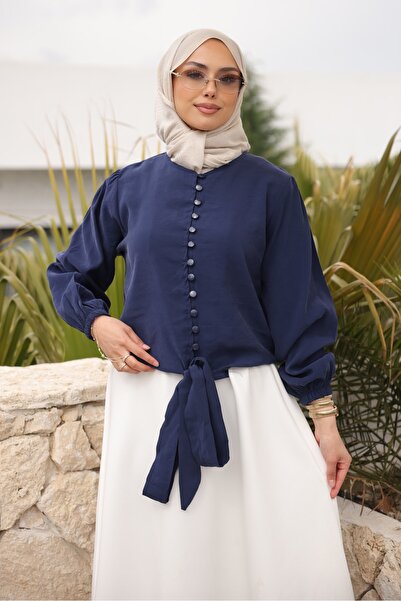 İmajButik قميص أزرق داكن بأكمام مطاطية وربطة خصر
