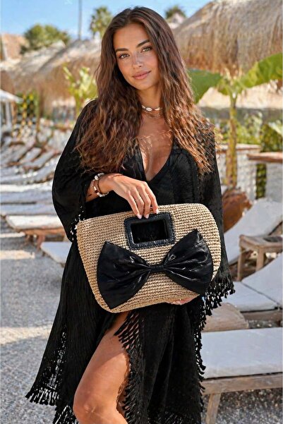 MARBERRY Γυναικεία Ψάθινη Τσάντα Καμηλό με Πλεκτό Φιόγκο – 35x25 εκ.