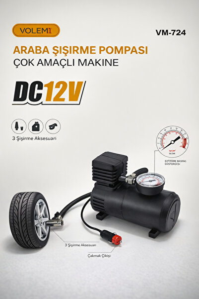 VOLEMİ VM-724 Araç Şişirme Pompası / Motor-Top-Bisiklet-Motorsiklet Çok Amaçl...