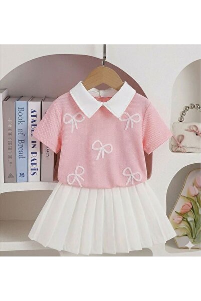 inebolu kids Kız Çocuk Kurdele Nakışlı Yakalı Piliseli Etek 2 li Takım