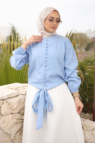 İmajButik Μπλουζάκι Baby Blue με ελαστικά μανίκια και δέσιμο στη μέση