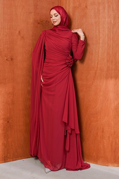 İmajButik Βραδινό φόρεμα από σιφόν με μπορντό κάπα και λεπτομέρεια τριαντάφυλλου