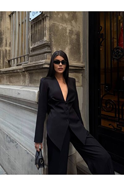 Siyah Kuşak Detaylı Düğmeli Blazer Ceket Palazzo Pantolon Takım