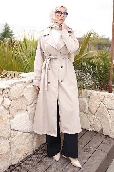 İmajButik Καμπαρντίνα με διπλό γιακά και κουμπιά από πέτρα