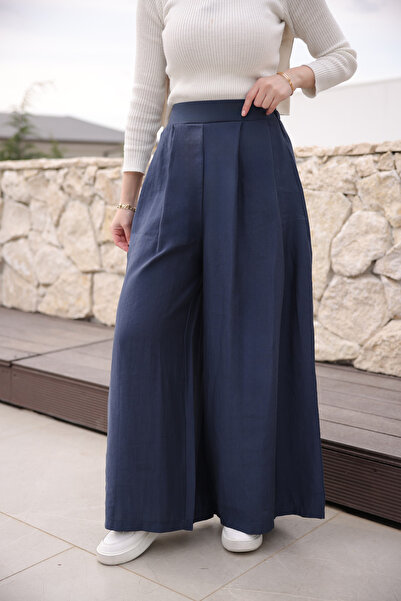 İmajButik Navy Blue Pleated Wide-Leg Trousers