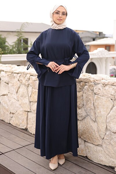 İmajButik Navy Blue Skirt Suit with Lace Detail