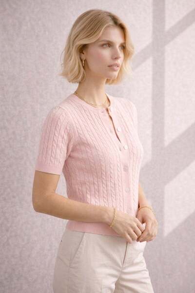 Ferraro Ροζ βαμβακερή κοντομάνικη εποχιακή γυναικεία ζακέτα πλεκτό