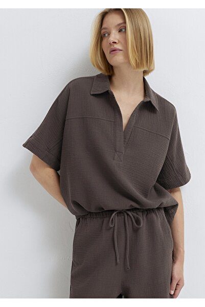 Mavi ΜΠΛΟΥΖΑ ΜΕ ΚΟΝΤΑ ΜΑΝΙΚΙΑ Σοκολατί Καφέ