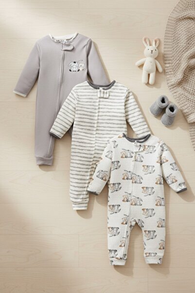 Mou&Kou Baby Rompers Set of 3 9-18 Months Zippered 100% Cotton Long Sleeve An...