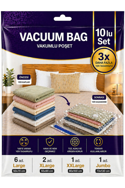 SHARI Vacuum Storage Bag Set of 10 – 6 Large (50X70 cm) + 2 Xlarge (55X90 cm)...