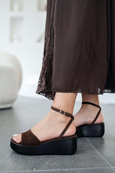 Parponi Σανδάλια Ferry Wedge από γνήσιο δέρμα σουέντ καφέ χρώματος