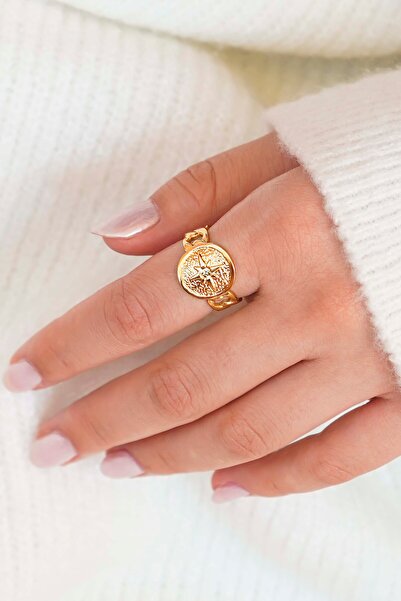 THE Steel Women's Gold Compass Figured Adjustable Steel Ring