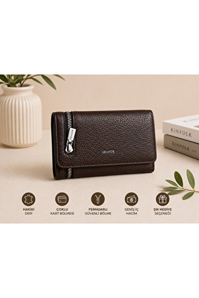 Grande Dark Brown Genuine Leather Women's Wallet – Large Size, Multi-Compartm...