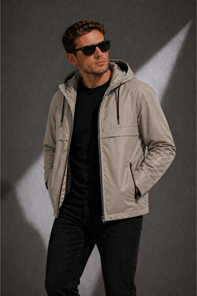 Sınwear Men's Cream Hooded Waterproof Lightweight Coat – Casual & Sporty Styl...
