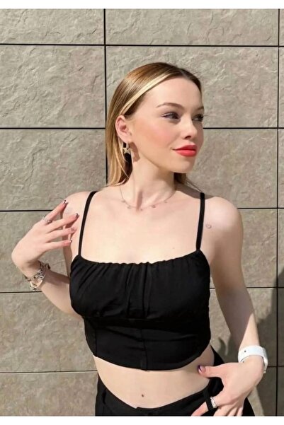 SHILSEE Siyah DRAPELİ ASKILI CROP BLUZ