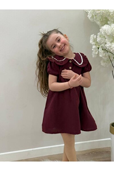 RÜYA KİDS Girl's Summer Baby Collar Holiday Cotton Burgundy Stylish Comfortable Dress