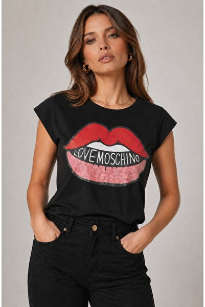 Love Moschino Cotton Printed Lips Print Logo T-Shirt