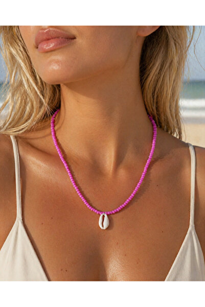 Helen Atelier Pembe Boncuklu Deniz Kabuğu Charm Kolye, Cowrie Shell Yazlık Ko...