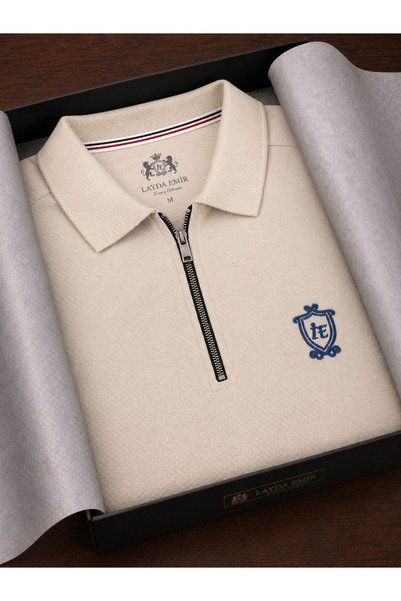 ilayda emir Cream Color Men's Polo Collar Zippered Sweatshirt with Chest Emblem, 100% Cotton, Casual and Stylish