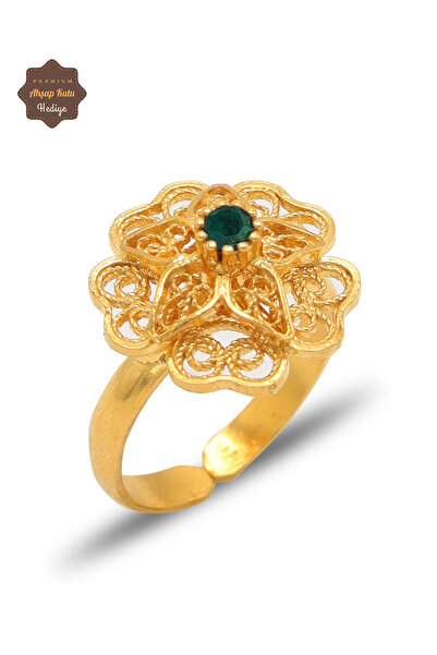 Midyat Nurtaş Gümüş Zümrüt Taşlı Gül Model Gold Kaplama 925 Ayar Gümüş Telkar...