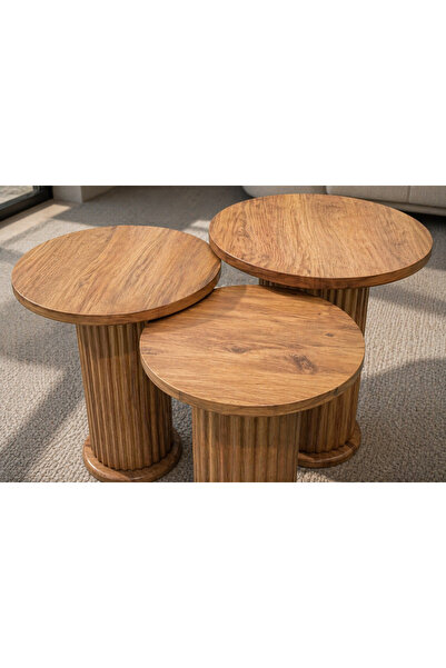EFLORA DESIGN Bohem 3’lü Zigon Sehpa Seti | Yuvarlak Ahşap Desenli,Modern Sal...