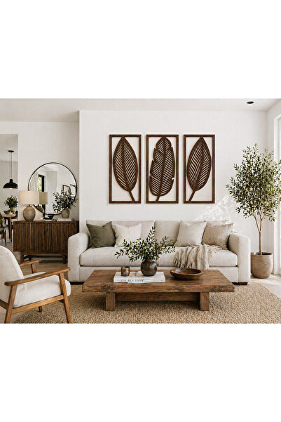 Mad Tasarım 48 3’lü Yaprak Duvar Tablosu Ceviz Renk MDF 20x40 cm Modern Dekor...