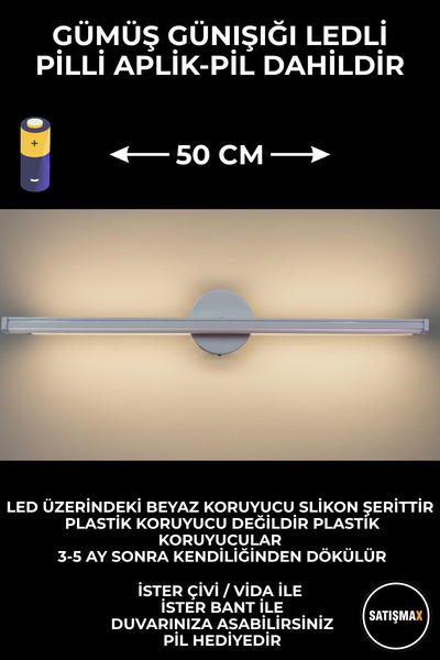 SatışMax Modern Dekoratif Led Duvar Aplik 50 Cm Gümüş 1 Adet PİLLİ GÜNIŞIĞI IŞIK