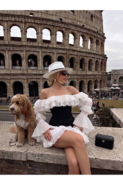 Friday Mood Γυναικείο μίνι φόρεμα με βολάν και λεπτομέρειες, ανοιχτό στους ώμους