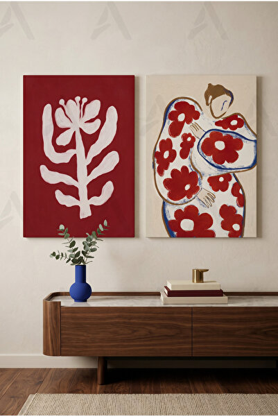 Artease Set of 2 Abstract Red Flowers Paintings